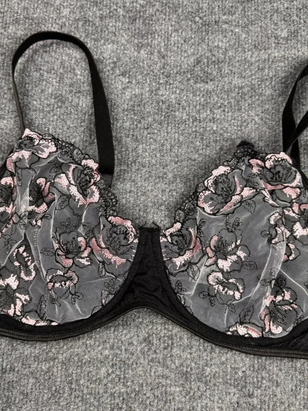 Women's Black & Pink Rose Floral Embroidered Sheer Mesh Underwire Bra Size 4XL